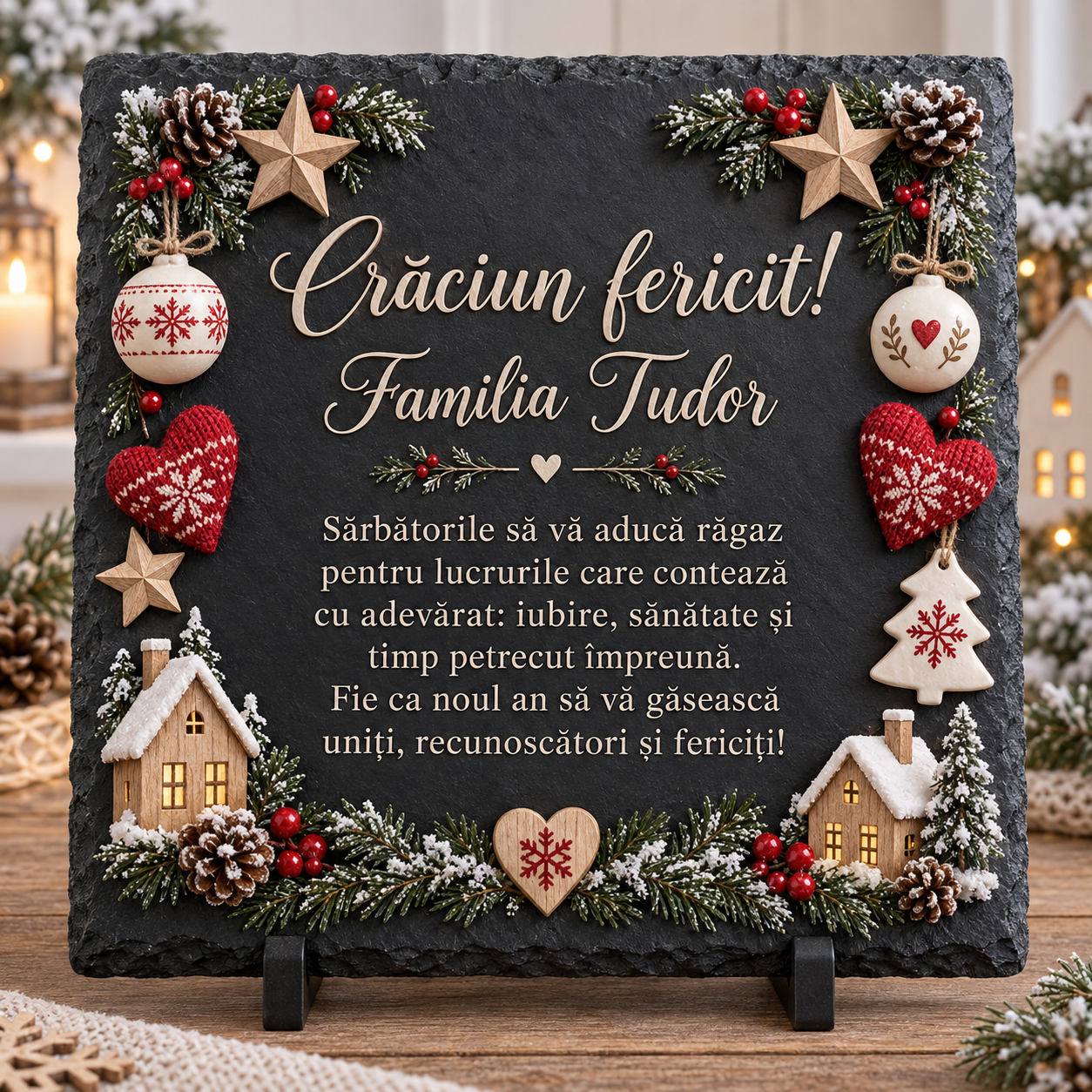 Placă de ardezie personalizată pentru familie 20 × 20 cm – cadou de Crăciun cu numele familiei