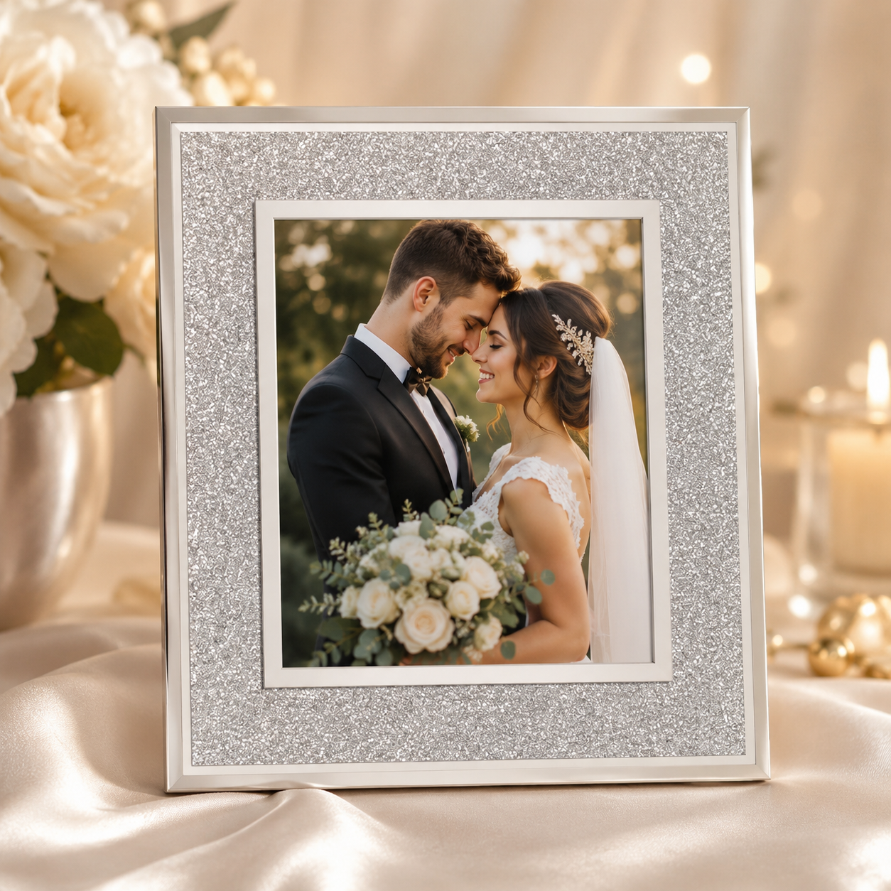 Ramă Foto Elegantă din Sticlă cu Sclipici Argintiu – 10×15 cm