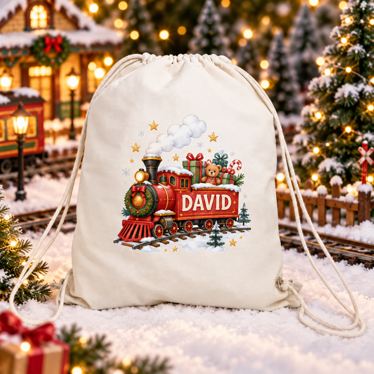 Sac sport personalizat pentru copii – Tren de Crăciun cu nume | Canvas 43 × 34 cm