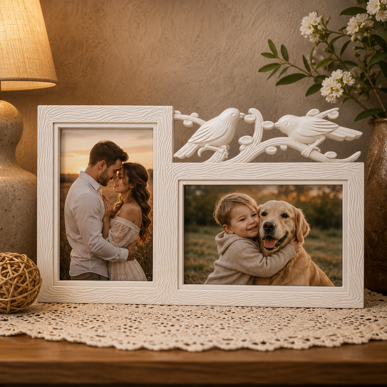 Ramă Foto Dublă cu Păsări Decorative – 2 Fotografii Personalizabile