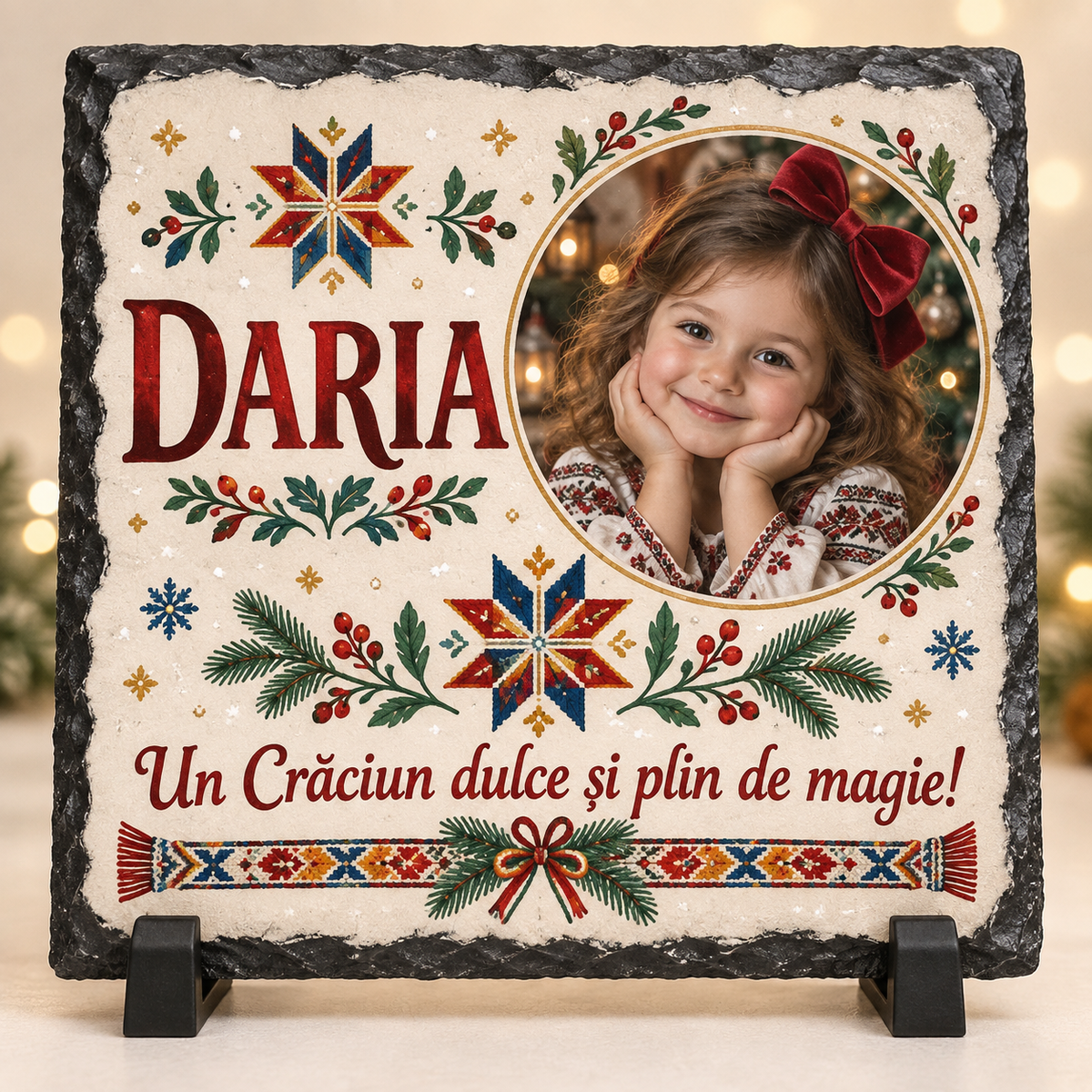 Placă Ardezie Personalizată 20×20 cm pentru Fetiță – Cadou de Crăciun cu Poză și Nume, Design Tradițional Românesc