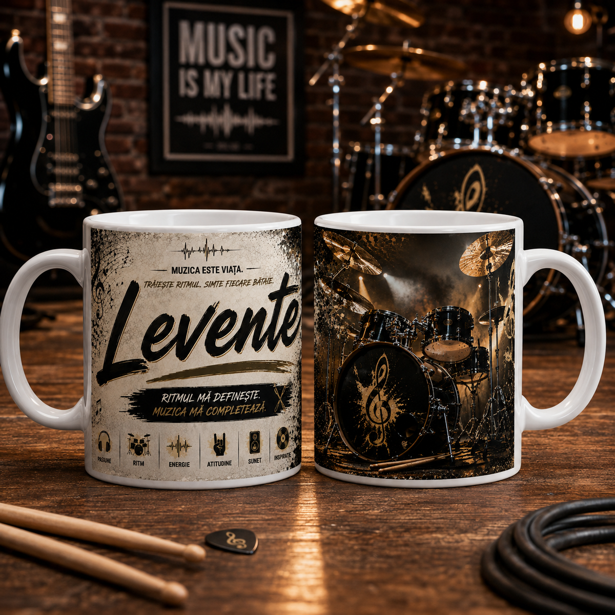 Cană personalizată pentru baterist cu numele Levente, 330 ml, design premium cu set de tobe, cinele și lumini de concert