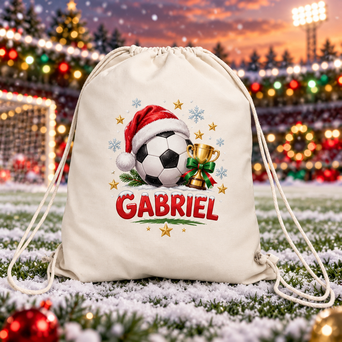 Sac sport personalizat pentru copii – Fotbal de Crăciun cu nume | Canvas 43 × 34 cm