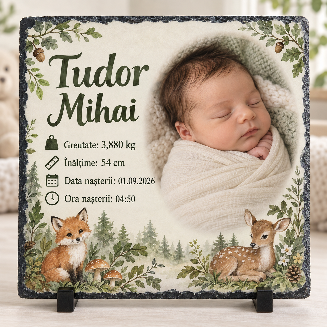 Placă ardezie personalizată băiețel 20x20 cm – Model pădure cu vulpiță și căprioară, poză și datele nașterii
