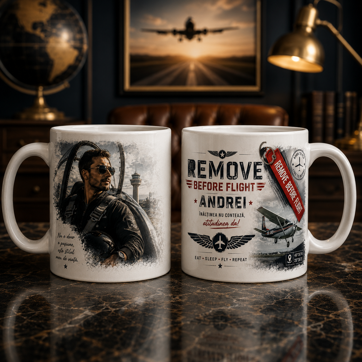Cană personalizată Remove Before Flight cu fotografia și numele Andrei