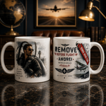 Cană personalizată Remove Before Flight cu fotografia și numele Andrei