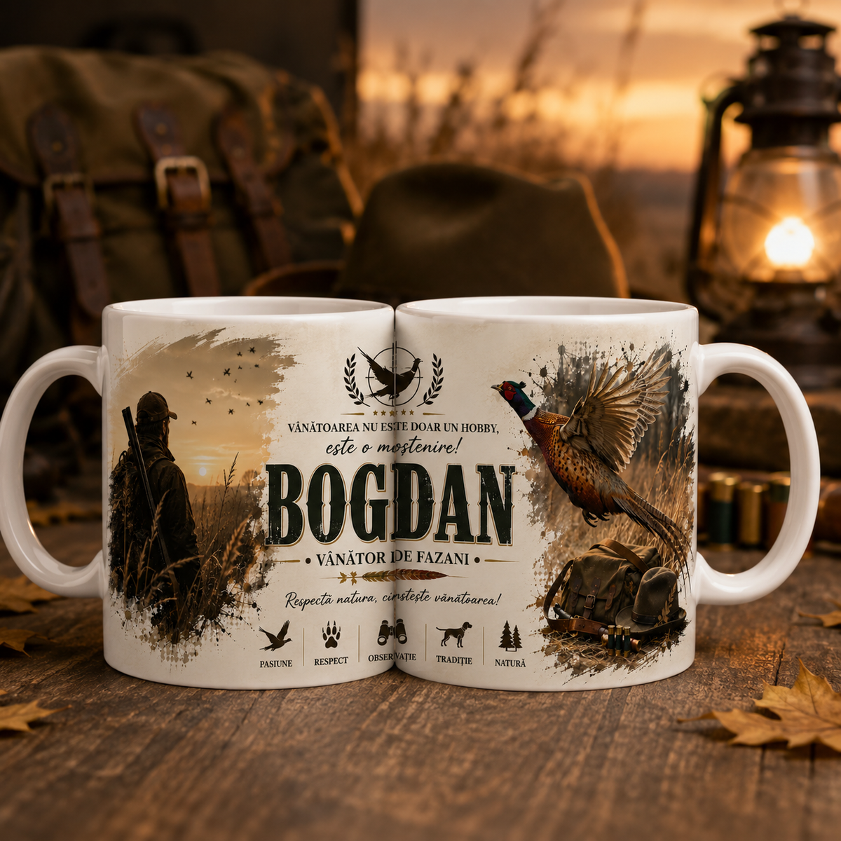 Cană personalizată pentru vânător de fazani cu numele Bogdan, 330 ml, design cu vânător, fazan în zbor și peisaj de toamnă