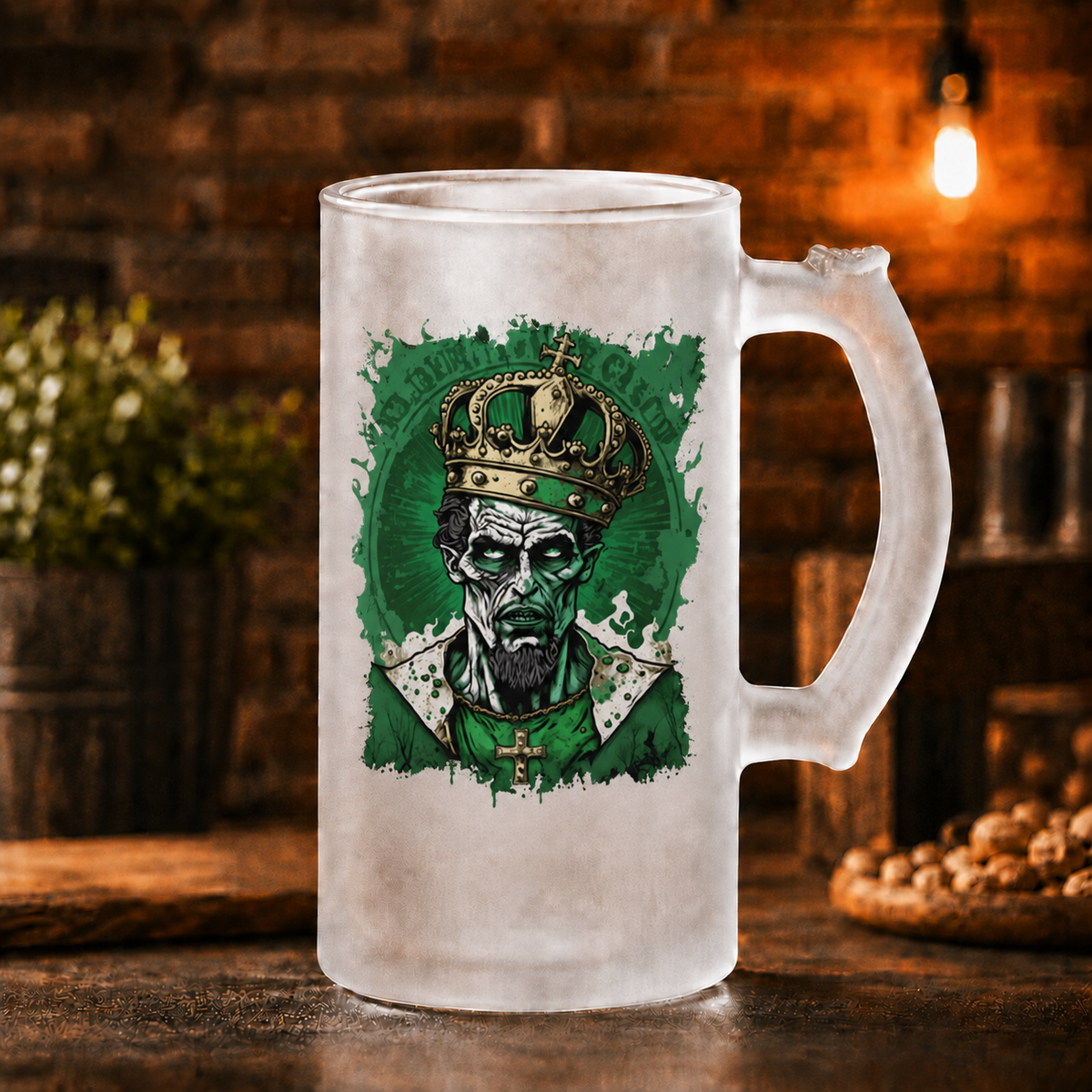 Halbă de bere din sticlă mată „Regele Zombie Irlandez” – 500 ml