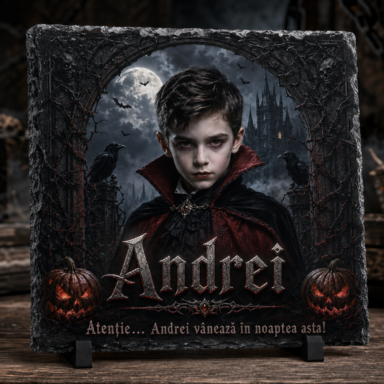 Placă ardezie personalizată 20x20 cm cu fotografie – Halloween, vampir și castel gotic