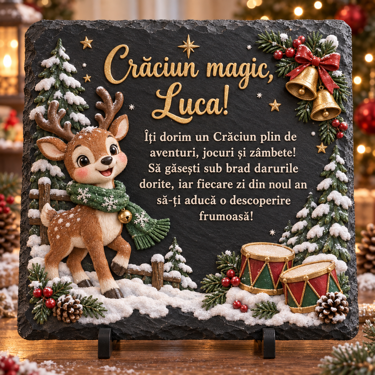 Placă de ardezie personalizată pentru băieți 20 × 20 cm – „Crăciun magic” cu pui de ren