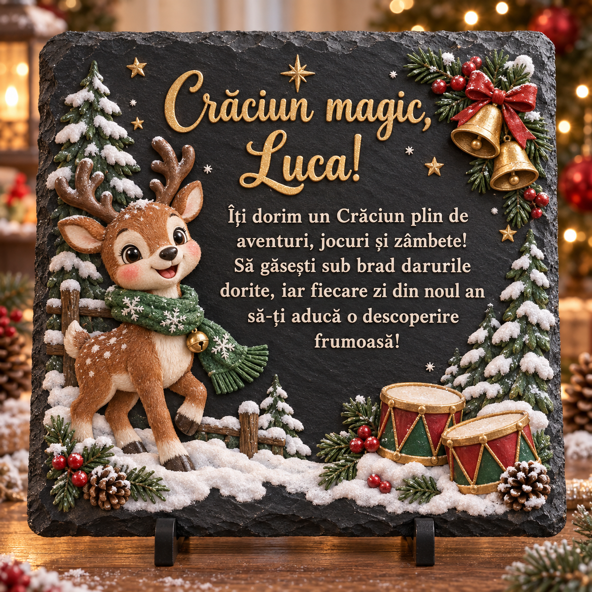 Placă de ardezie personalizată pentru băieți 20 × 20 cm – „Crăciun magic” cu pui de ren