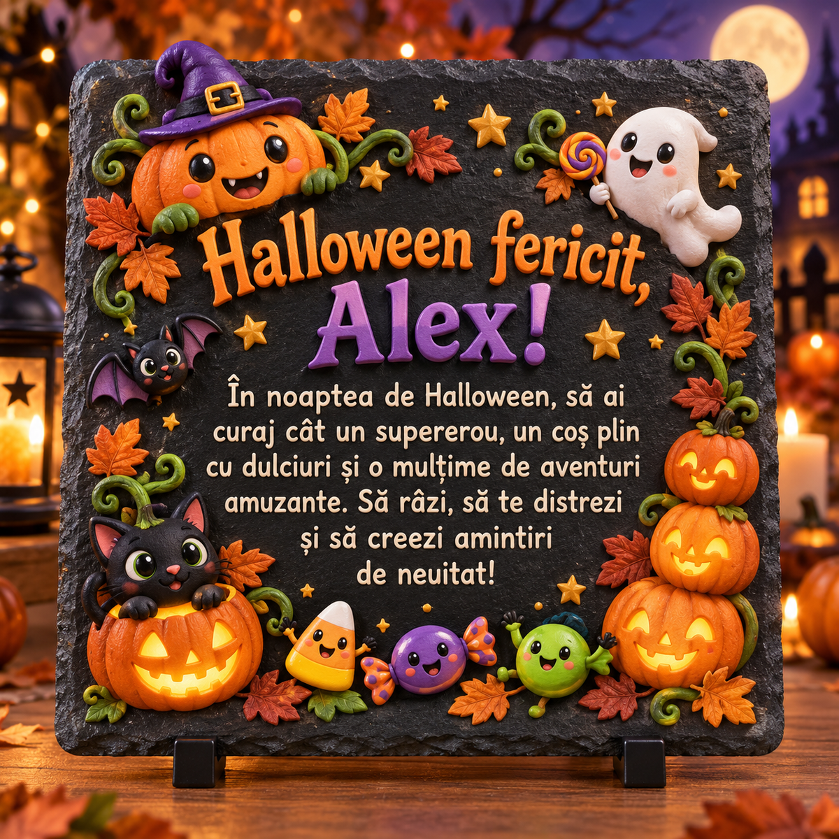 Placă ardezie personalizată Halloween pentru copii 20×20 cm – dovleac vrăjitor, fantomă, pisicuță și nume personalizat