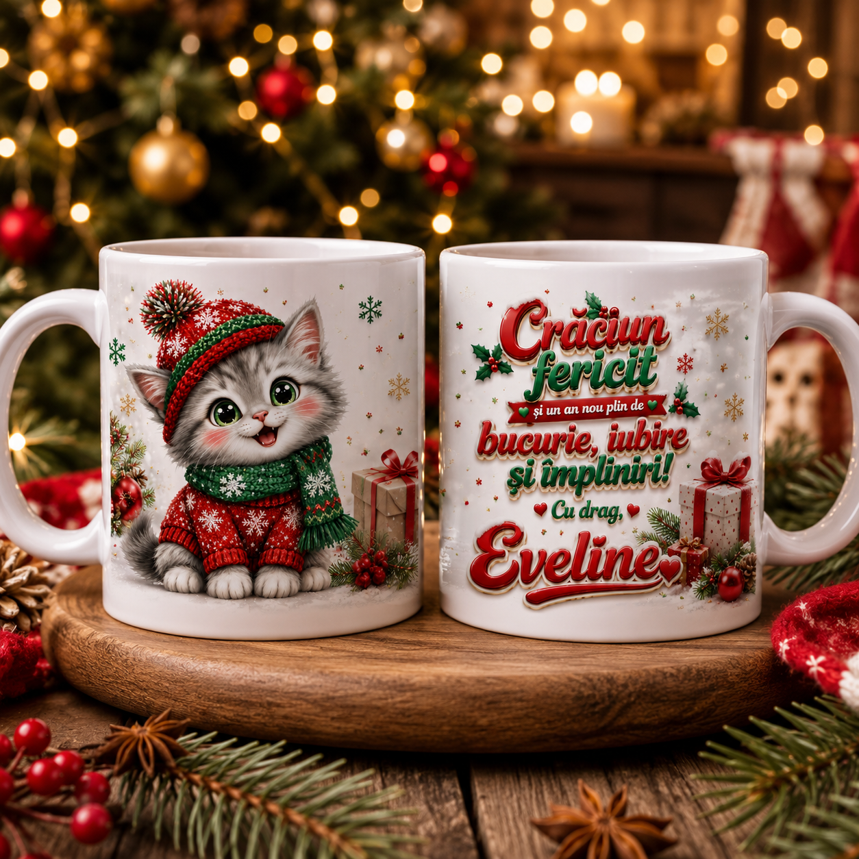 Cană personalizată de Crăciun cu nume – Pisicuță festivă și mesaj de sărbători 🎄🐱