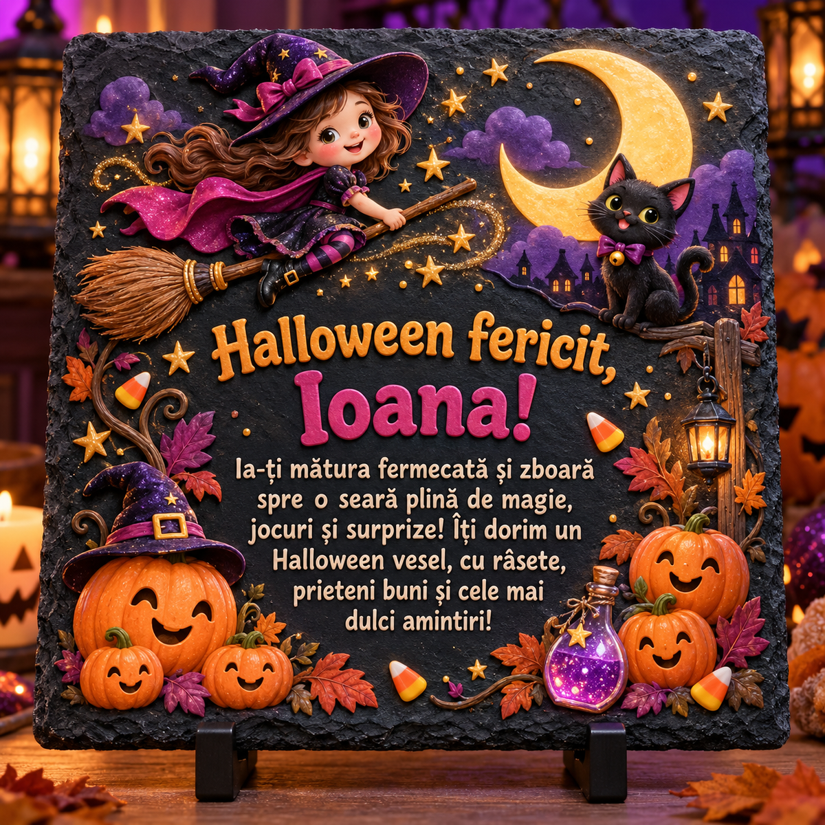 Placă ardezie personalizată Halloween pentru fetiță 20×20 cm – vrăjitoare pe mătură, pisicuță neagră, dovleci și nume personalizat