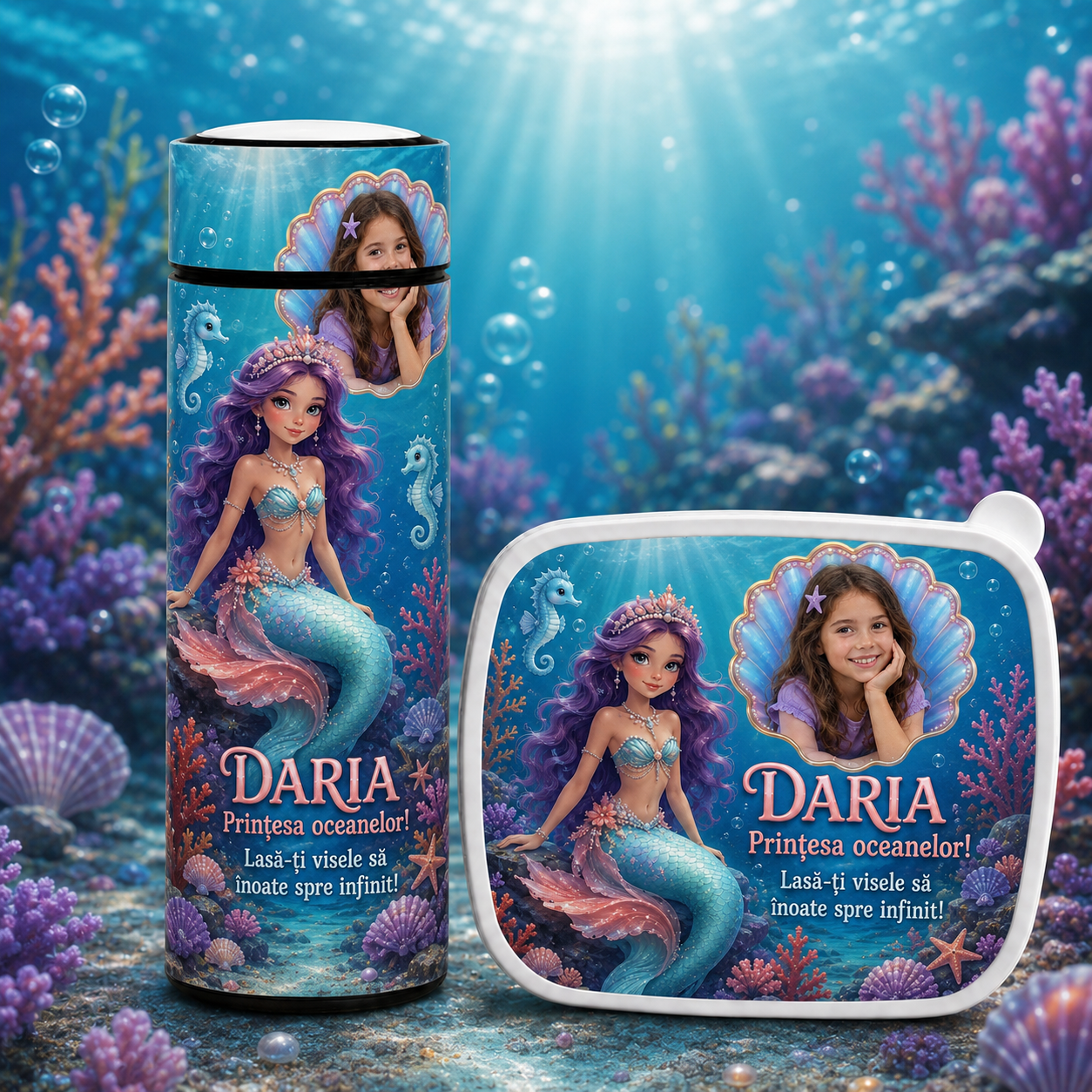 Set personalizat fetițe – Lunchbox + Termos 500 ml „Prințesa oceanelor”