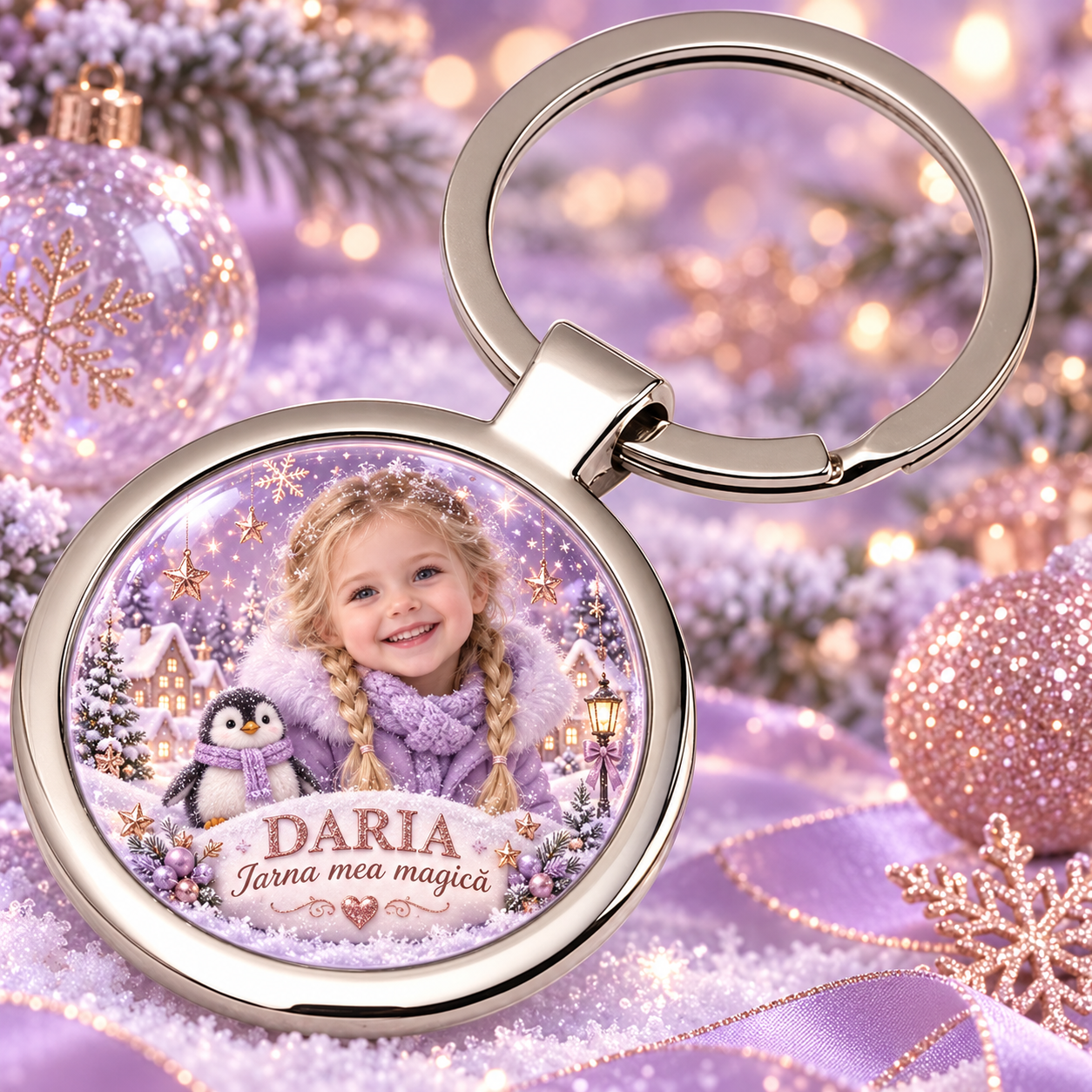 Breloc rotund personalizat cu poză pentru fetițe – „Iarna mea magică”