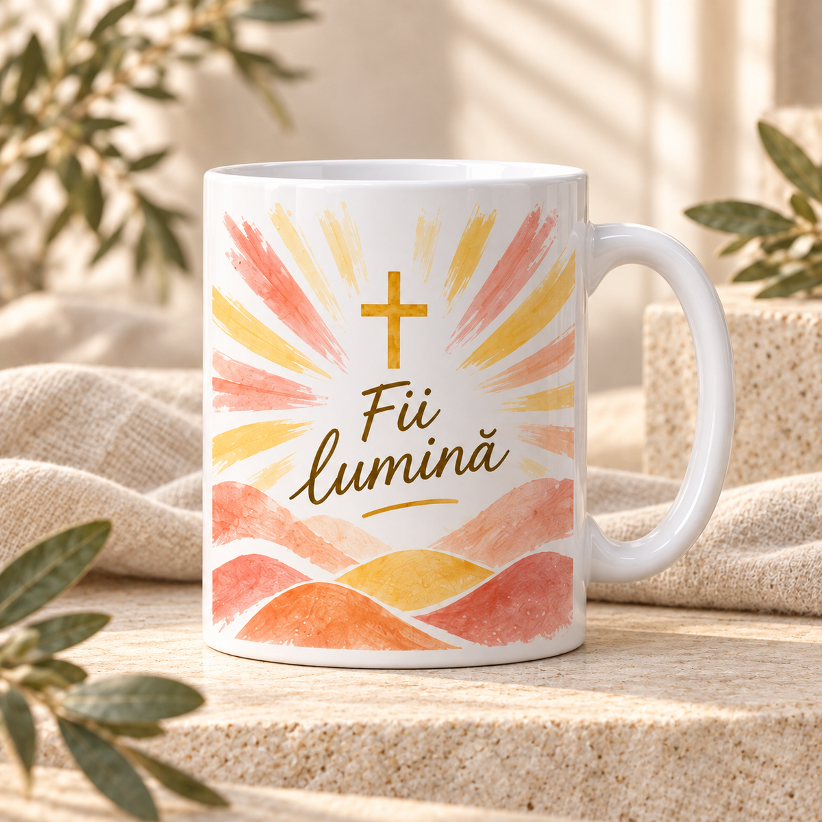 Cană religioasă 330 ml „Fii lumină” – cadou creștin cu mesaj inspirațional