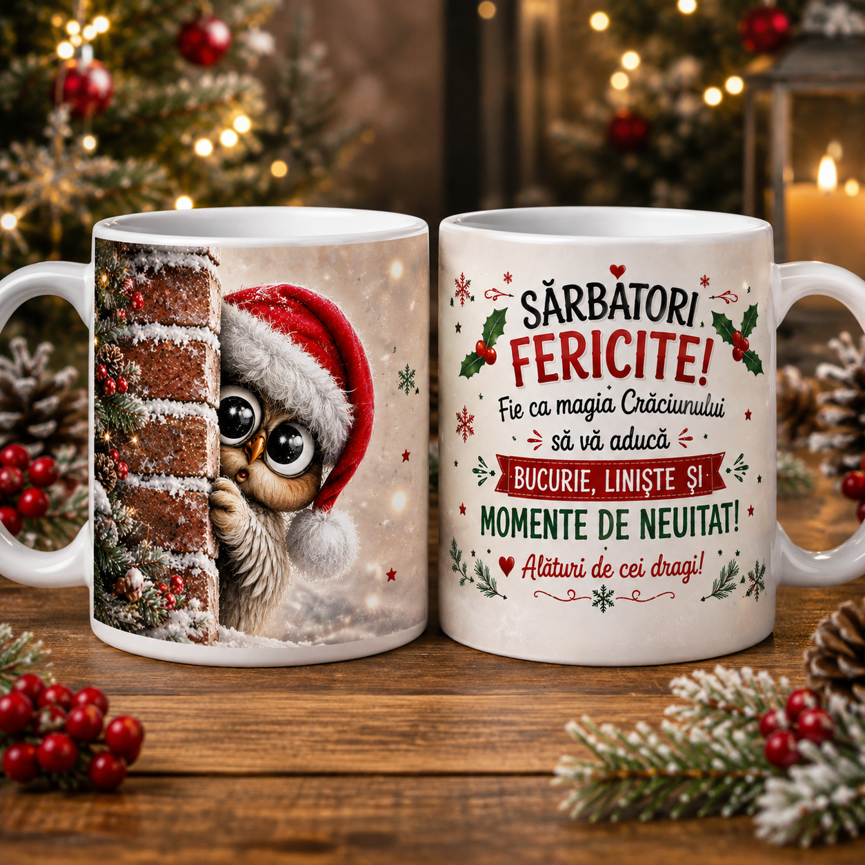 Cană de Crăciun cu bufniță și mesaj – Cadou de sărbători pentru cei dragi 🎄🦉