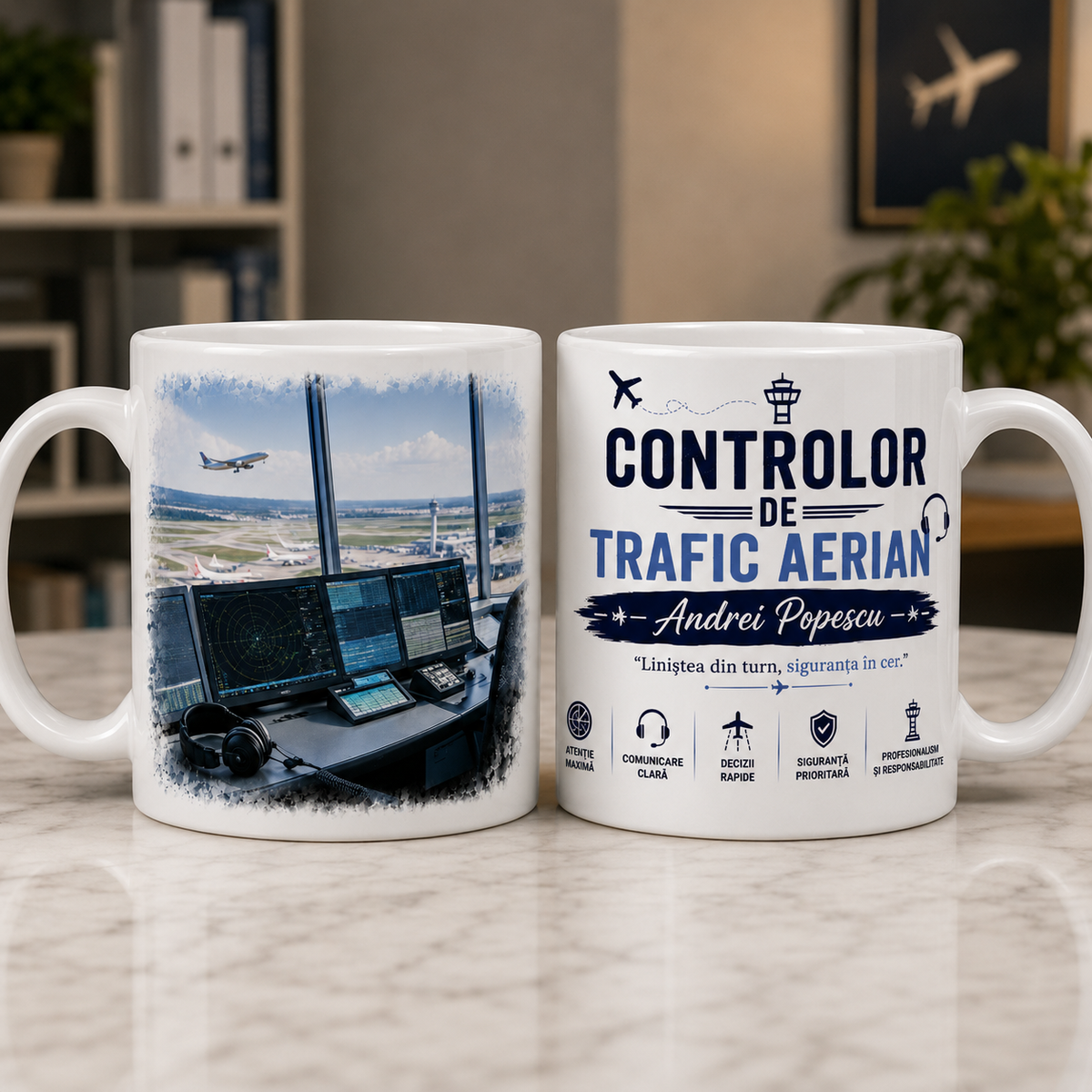 Cană personalizată pentru controlor de trafic aerian cu numele Andrei Popescu, turn de control, monitoare radar și aeroport