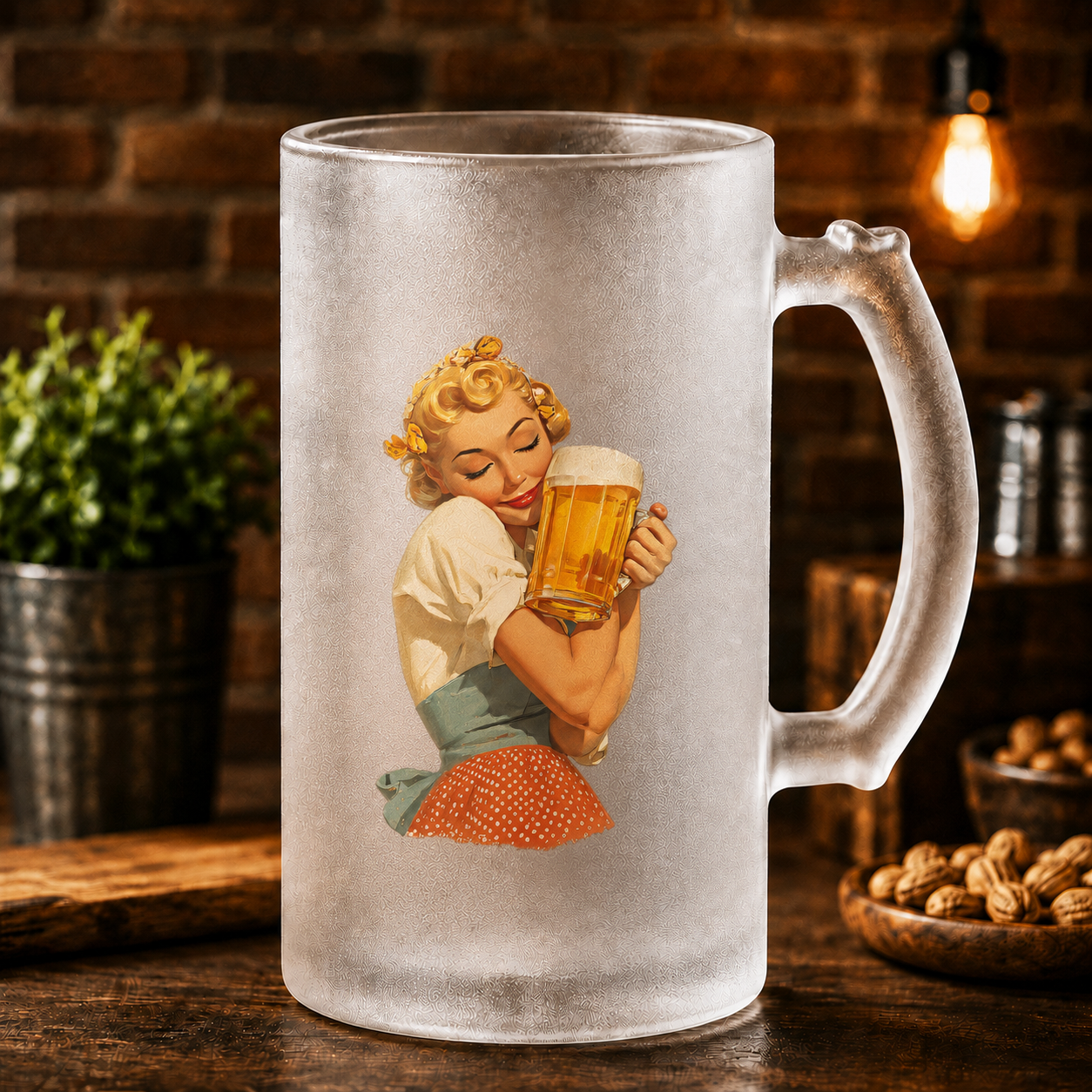 Halbă de bere din sticlă mată cu design retro „Iubire pentru bere” – 500 ml