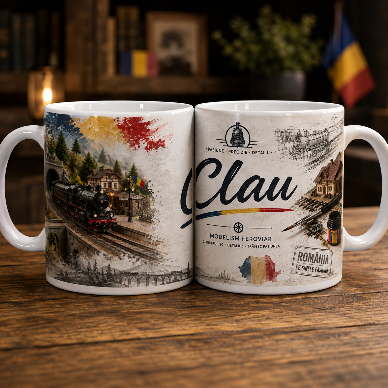 Cană personalizată Modelism Feroviar cu numele Clau și locomotivă cu abur
