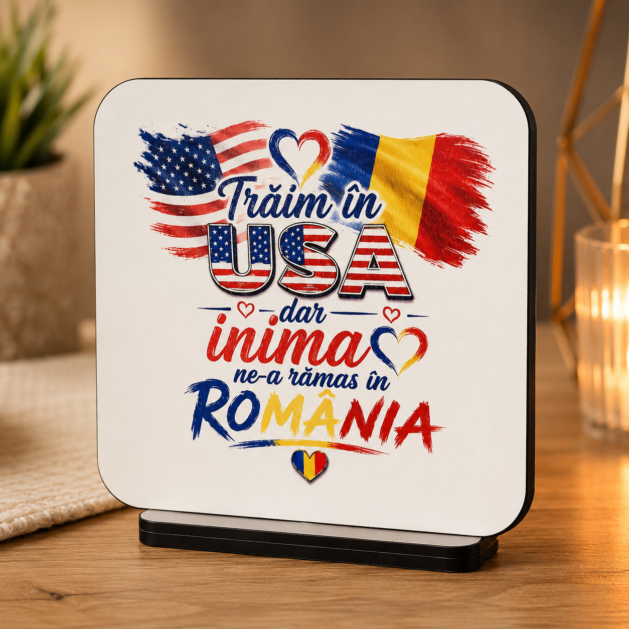 Plachetă cu suport 10 × 10 cm – „Trăim în USA, dar inima ne-a rămas în România”