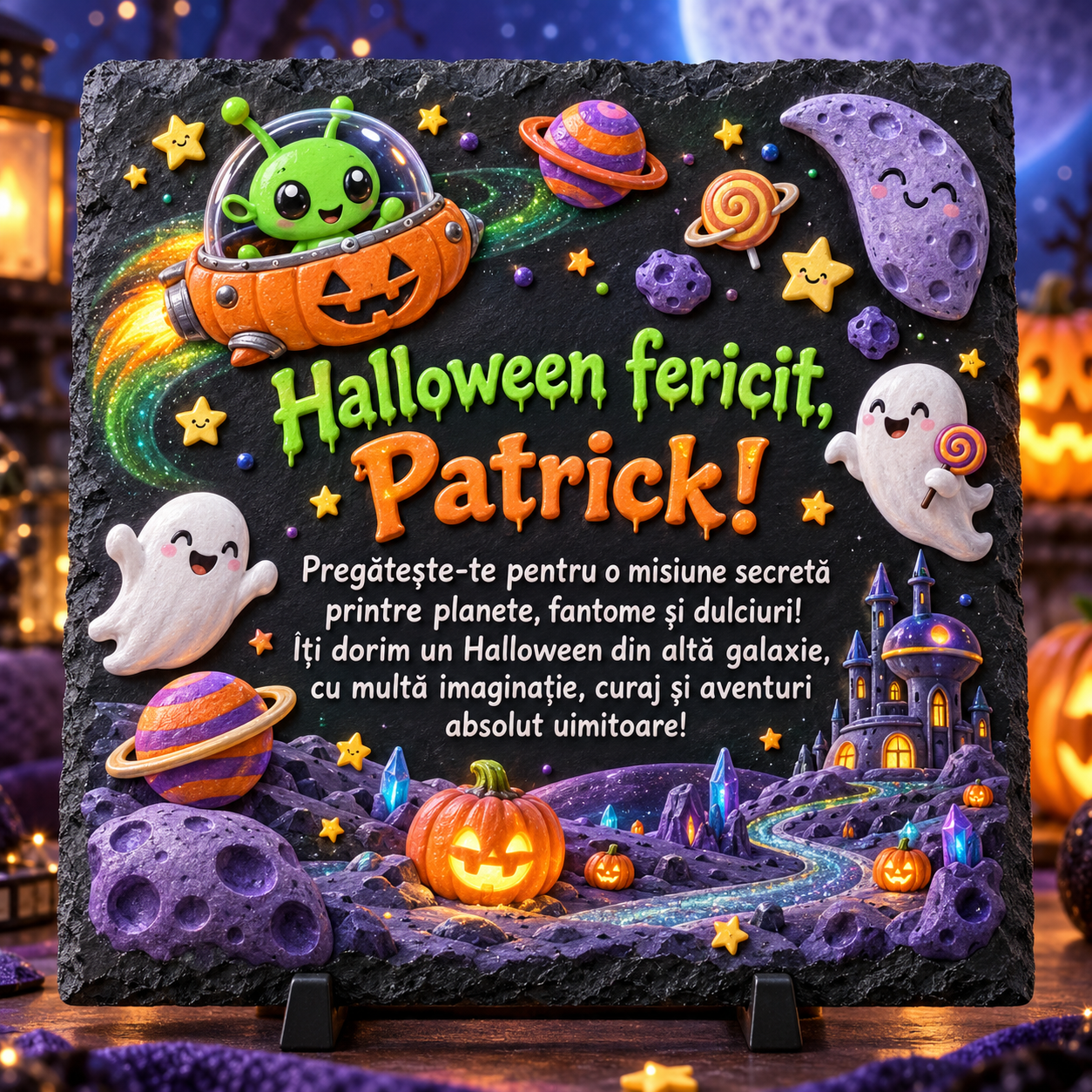 Placă ardezie personalizată Halloween pentru copii 20×20 cm – extratereștri, fantome, planete și nume personalizat