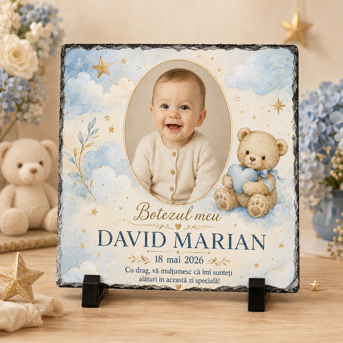 Placă ardezie personalizată pentru botez băiețel 20×20 cm – cu fotografie, nume și data botezului
