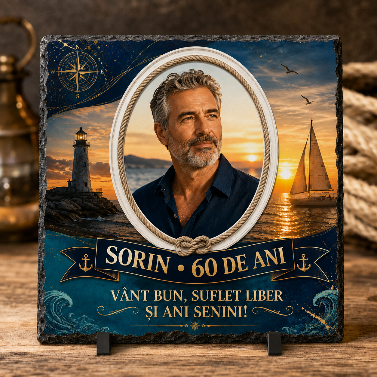 Placă de ardezie personalizată 20×20 cm cu poză – Cadou aniversar pentru bărbat, tematică marină