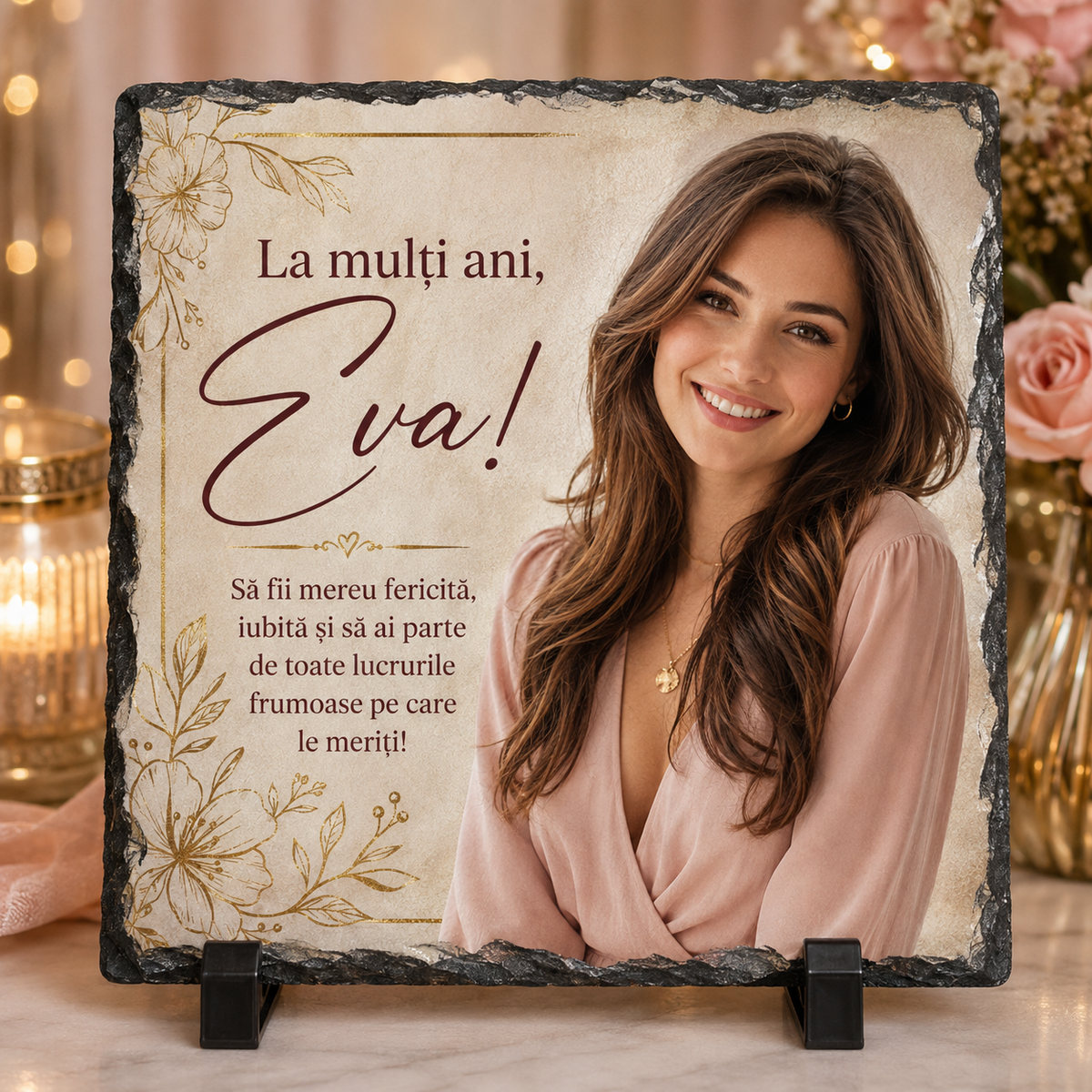 Placă din ardezie personalizată cu fotografie și nume – „La mulți ani, Eva!” – cadou aniversar elegant pentru femei