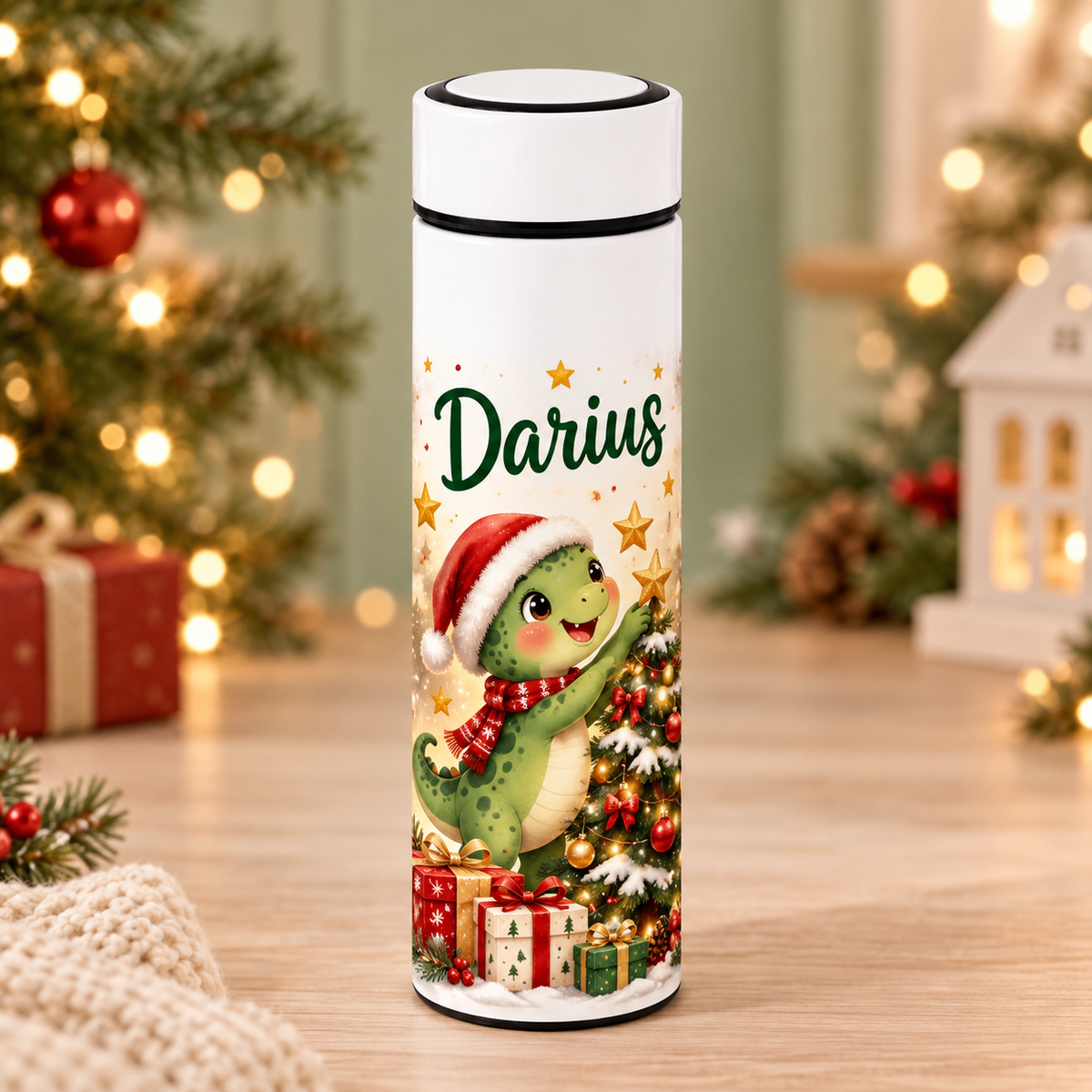 Termos Personalizat 500 ml cu Infuzor de Ceai și Nume – Dinozaur de Crăciun