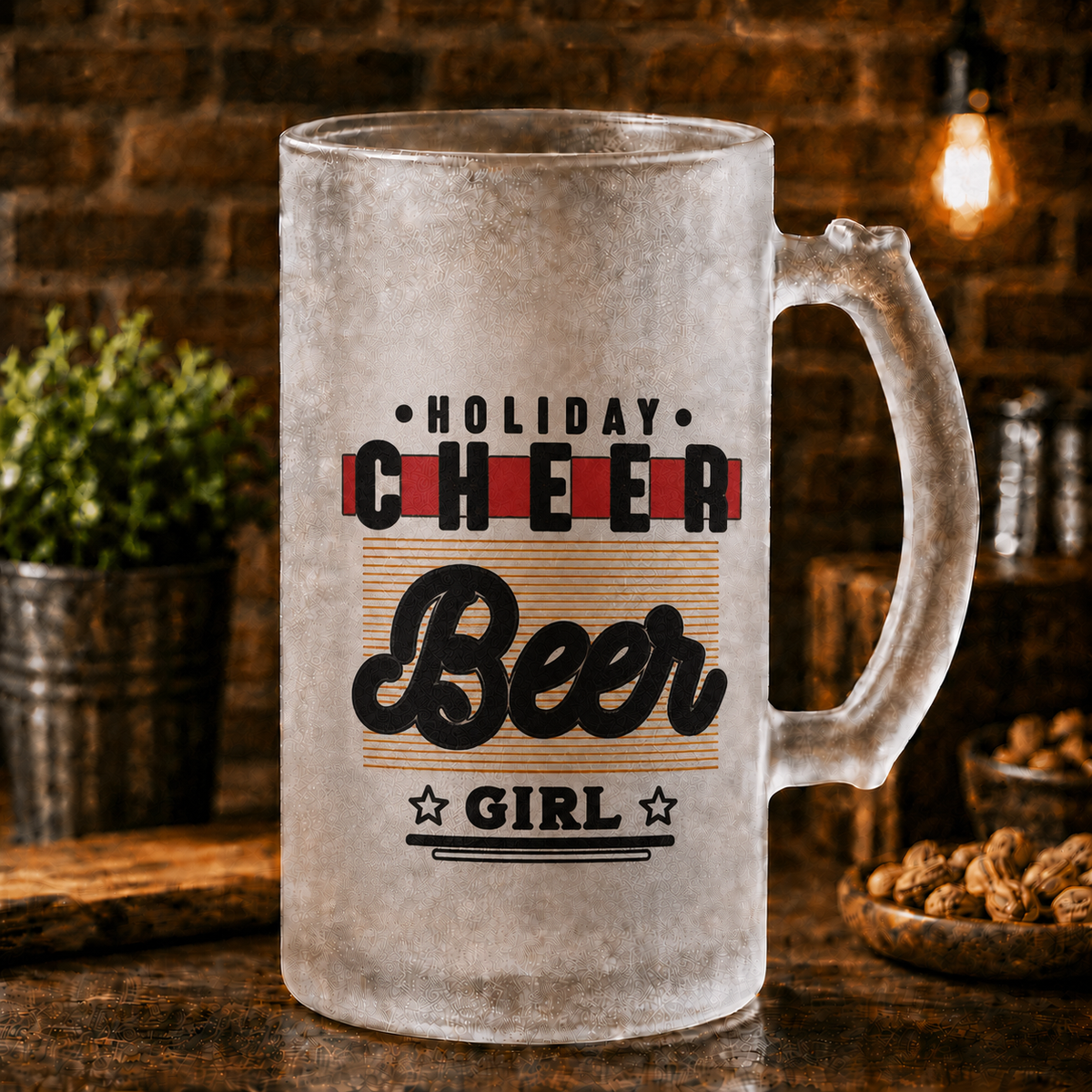 Halbă de bere din sticlă mată pentru femei „Holiday Cheer Beer Girl” – 500 ml
