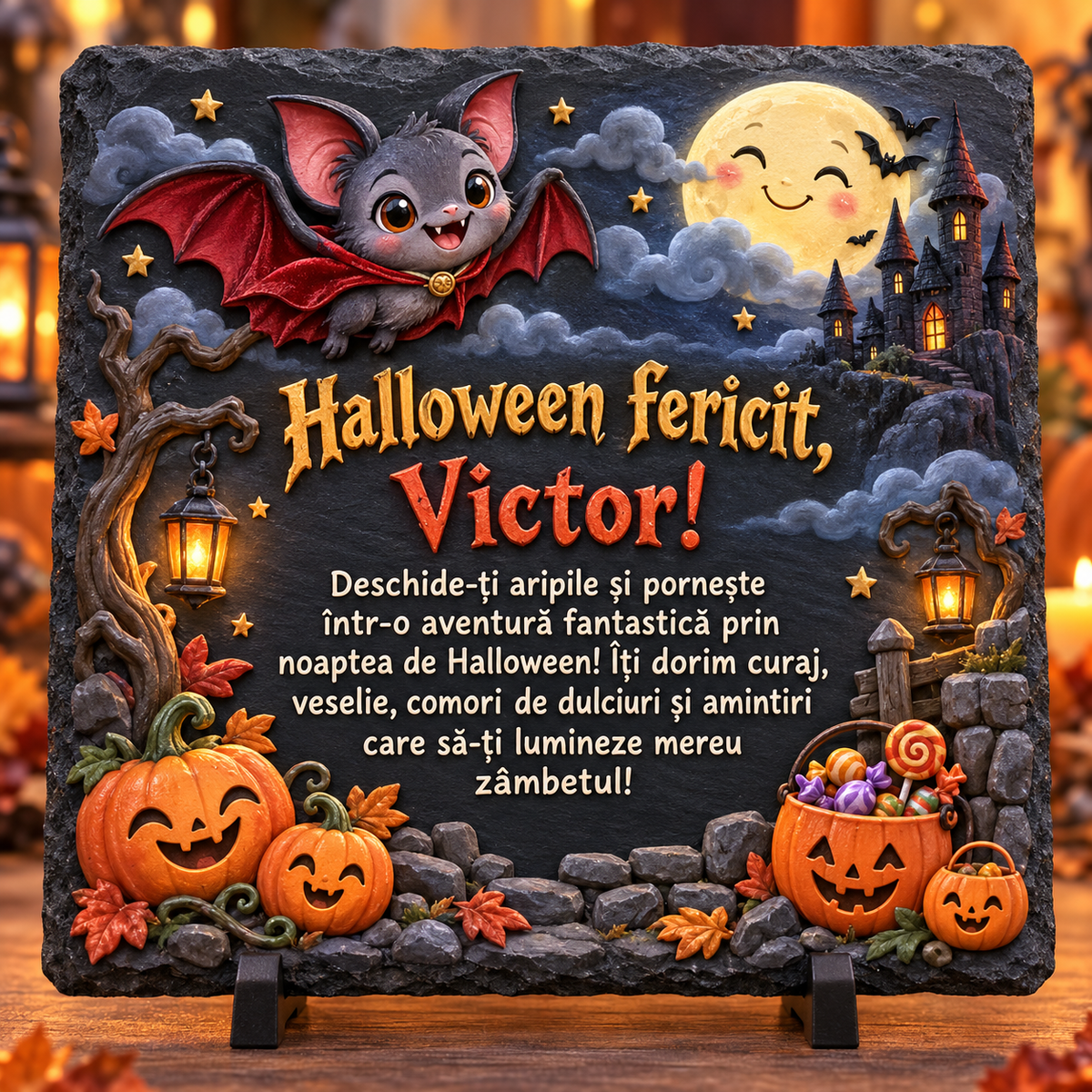 Placă ardezie personalizată Halloween pentru copii 20×20 cm – liliac simpatic, castel misterios, dovleci și nume personalizat