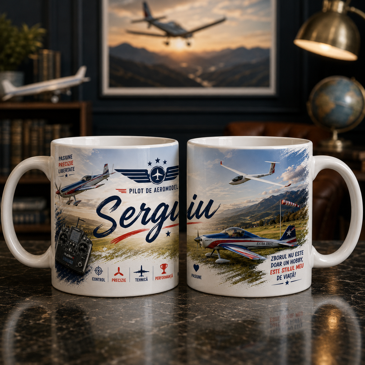 Cană personalizată Pilot de Aeromodele cu numele Sergiu, avioane și planor RC