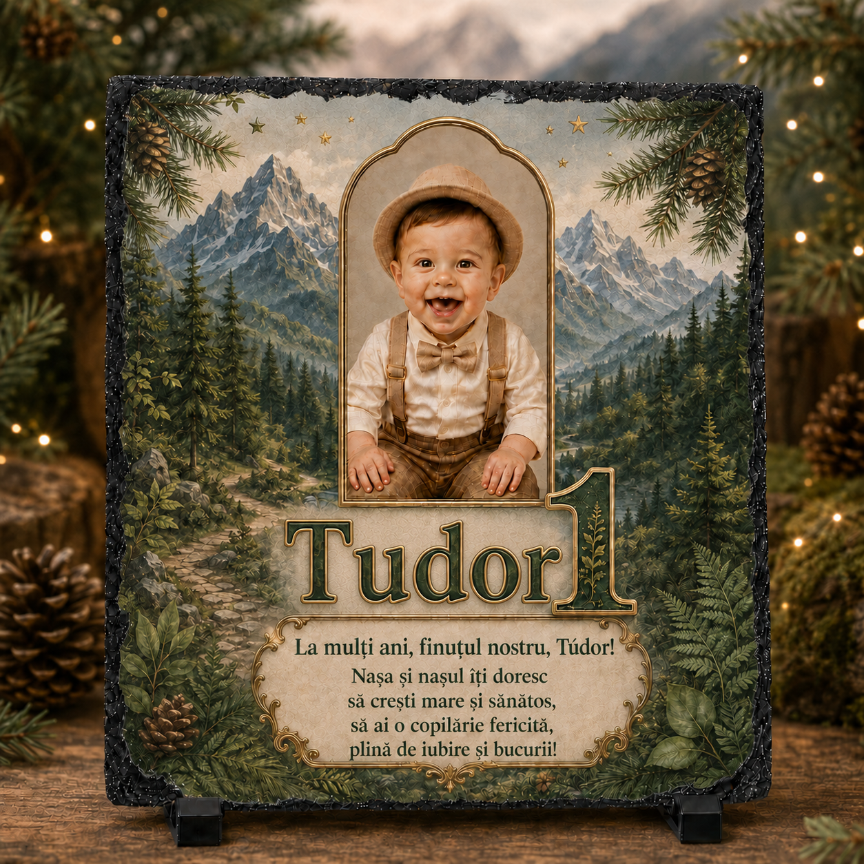 Placă ardezie personalizată 20x20 cm cu fotografie – Cadou aniversar 1 an pentru băiețel, finuț sau nepot