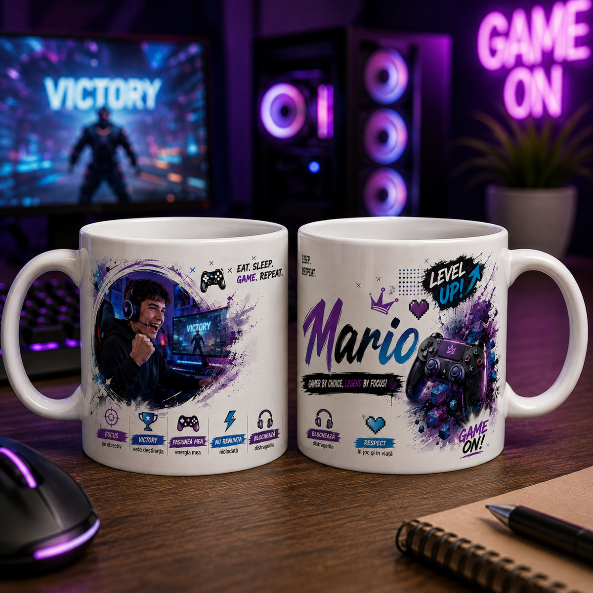 Cană personalizată gamer cu fotografie și nume – gamer prin alegere, legendă prin concentrare