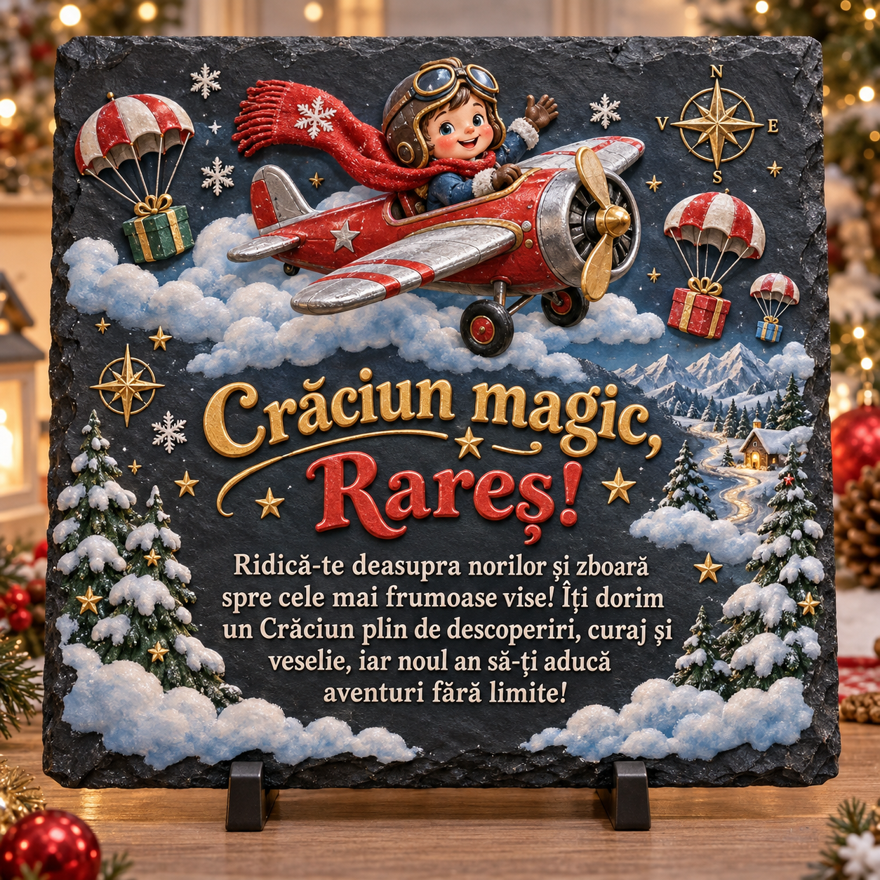 Placă de ardezie personalizată pentru băieți 20 × 20 cm – „Crăciun magic” cu avion și mic aviator