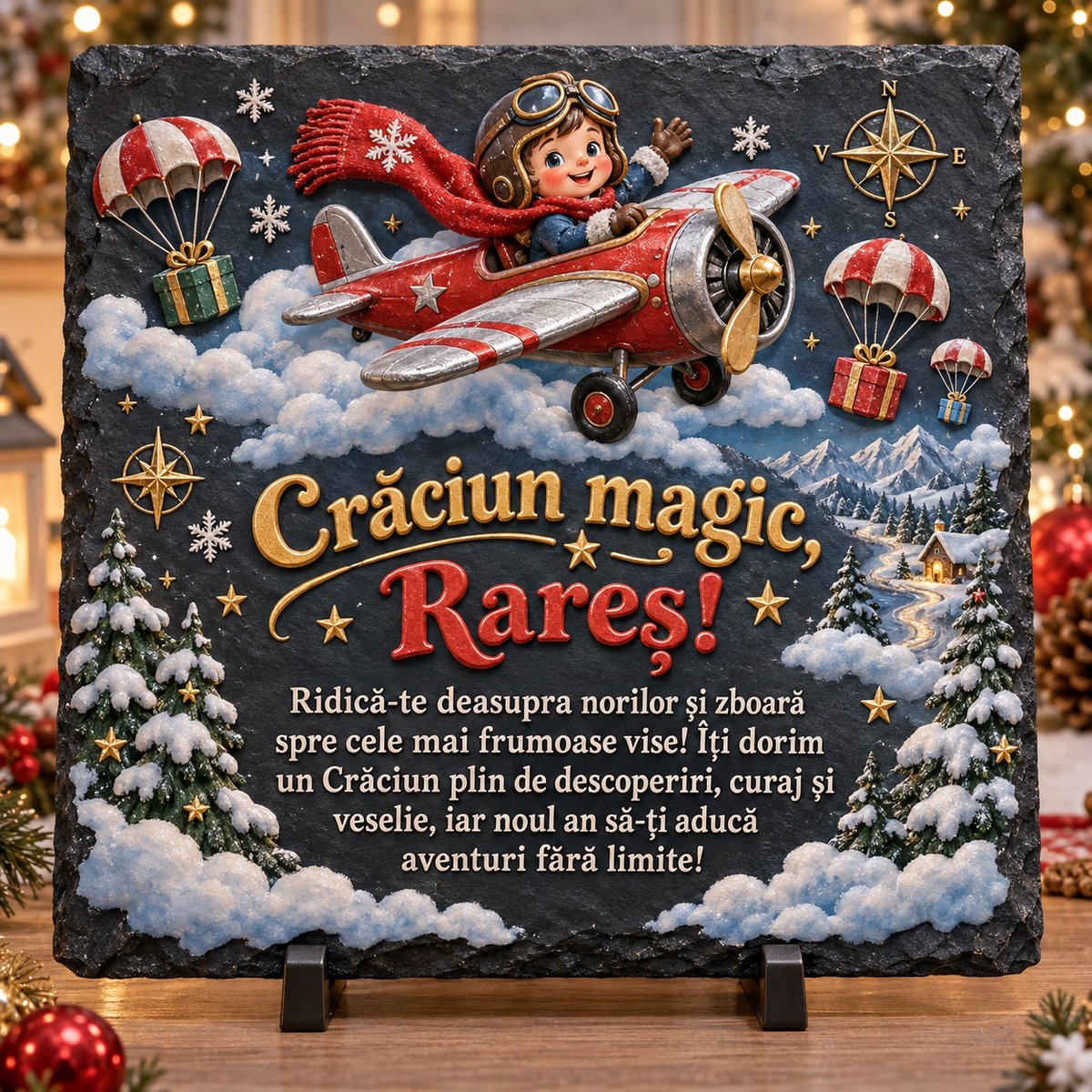 Placă de ardezie personalizată pentru băieți 20 × 20 cm – „Crăciun magic” cu avion și mic aviator