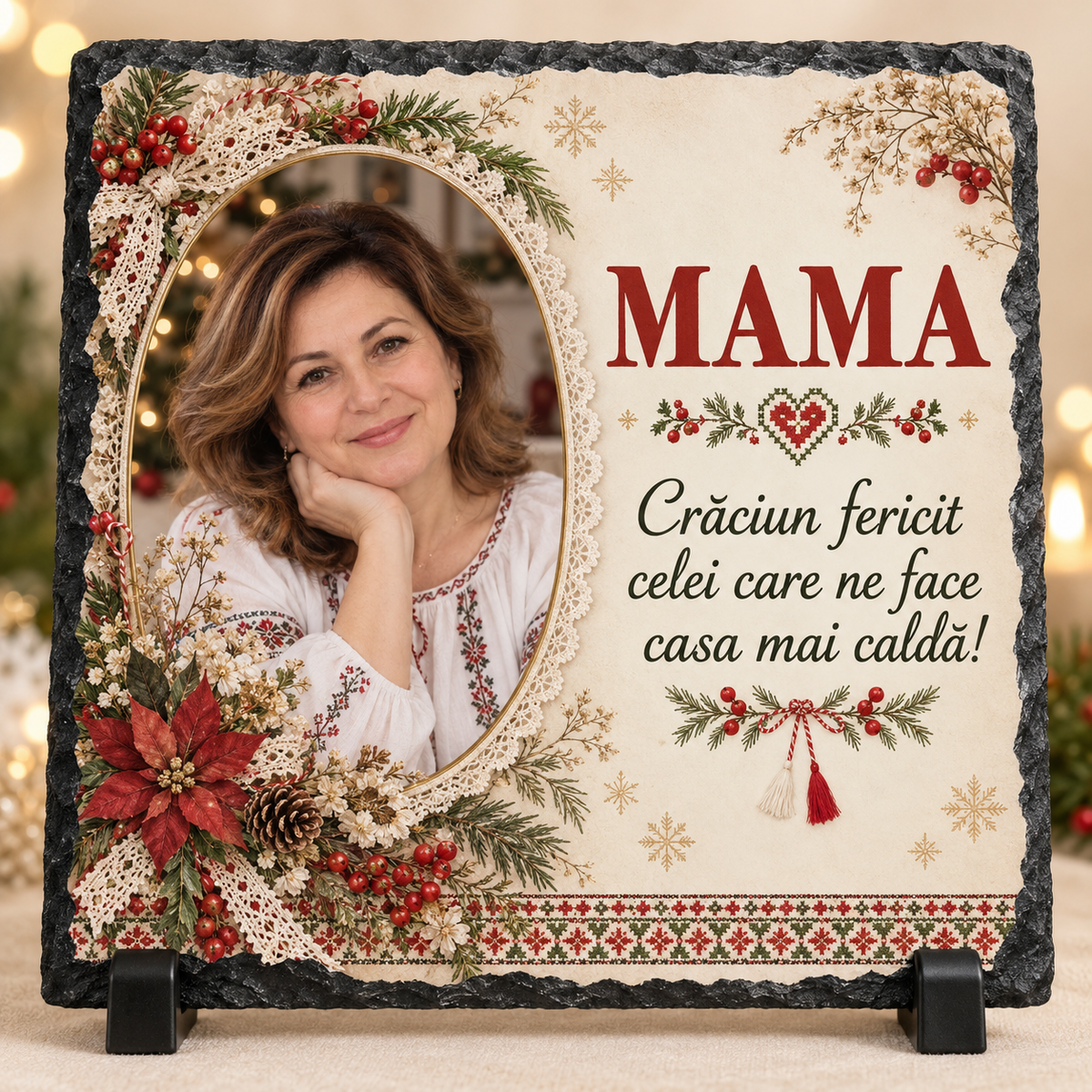 Placă Ardezie Personalizată 20×20 cm pentru Mamă – Cadou de Crăciun cu Poză, Design Tradițional