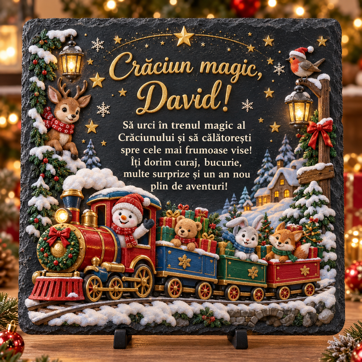 Placă de ardezie personalizată pentru băieți 20 × 20 cm – „Crăciun magic” cu tren și animăluțe