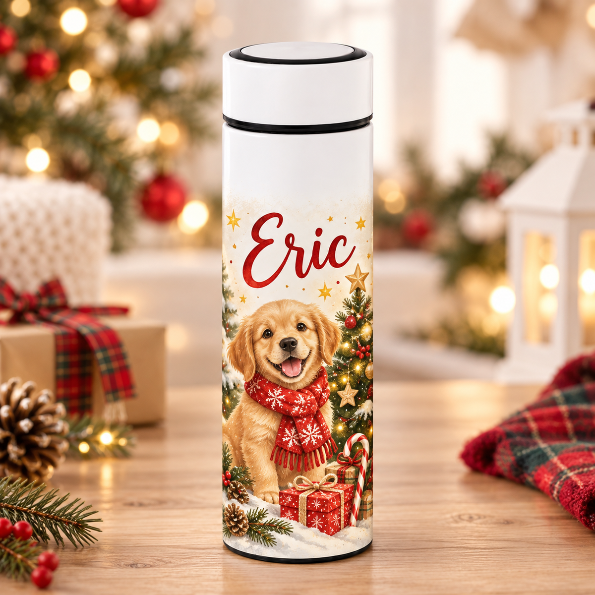 Termos Personalizat 500 ml cu Infuzor de Ceai și Nume – Cățeluș de Crăciun