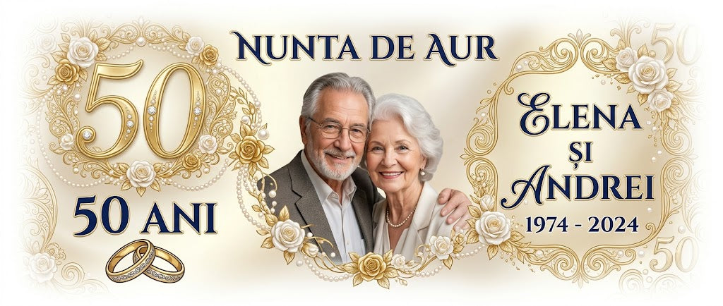 Cană personalizată Nuntă de Aur – 50 de ani de căsnicie | Cu poză, nume și ani personalizați