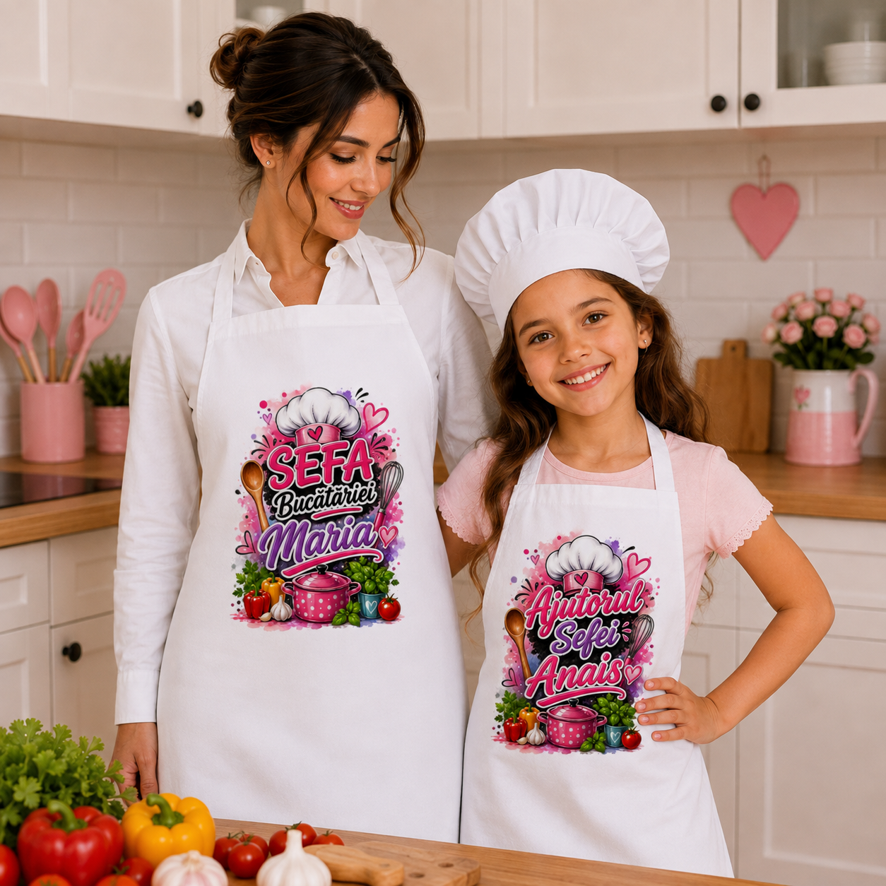 Set Șorțuri Personalizate Mamă și Fiică – „Șefa Bucătăriei” & „Ajutorul Șefei” cu Nume