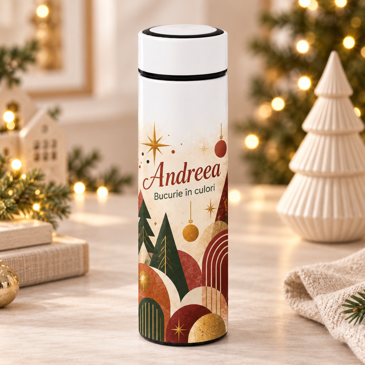Termos Personalizat 500 ml cu Infuzor de Ceai, Nume și Mesaj – Bucurie în Culori
