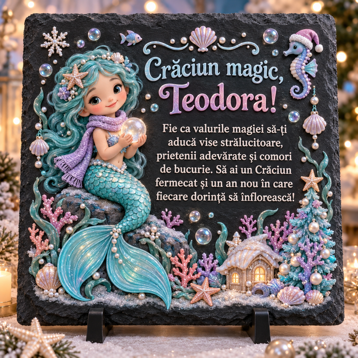 Placă de ardezie personalizată pentru fetițe 20 × 20 cm – „Crăciun magic” cu sirenă
