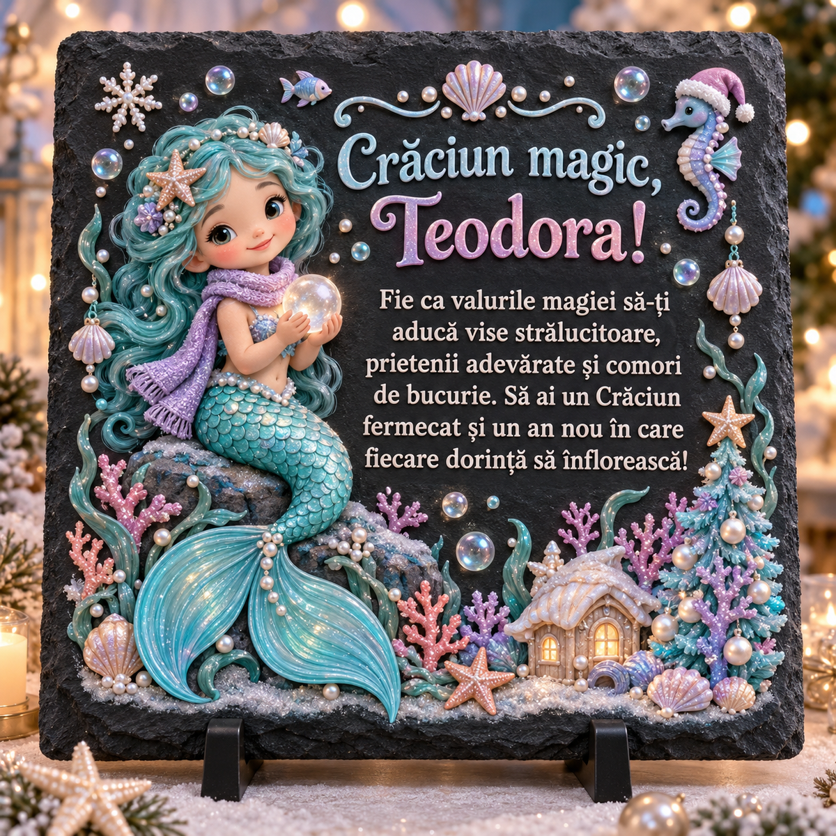 Placă de ardezie personalizată pentru fetițe 20 × 20 cm – „Crăciun magic” cu sirenă