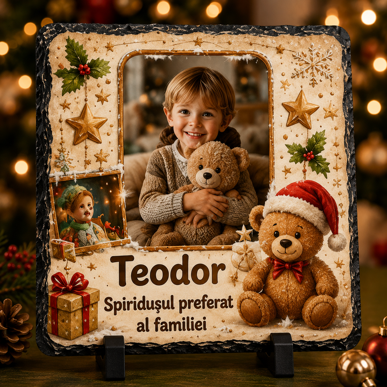 Piatră Ardezie Personalizată de Crăciun pentru Băiețel 20x20 cm cu Poză și Nume – „Spiridușul preferat al familiei”