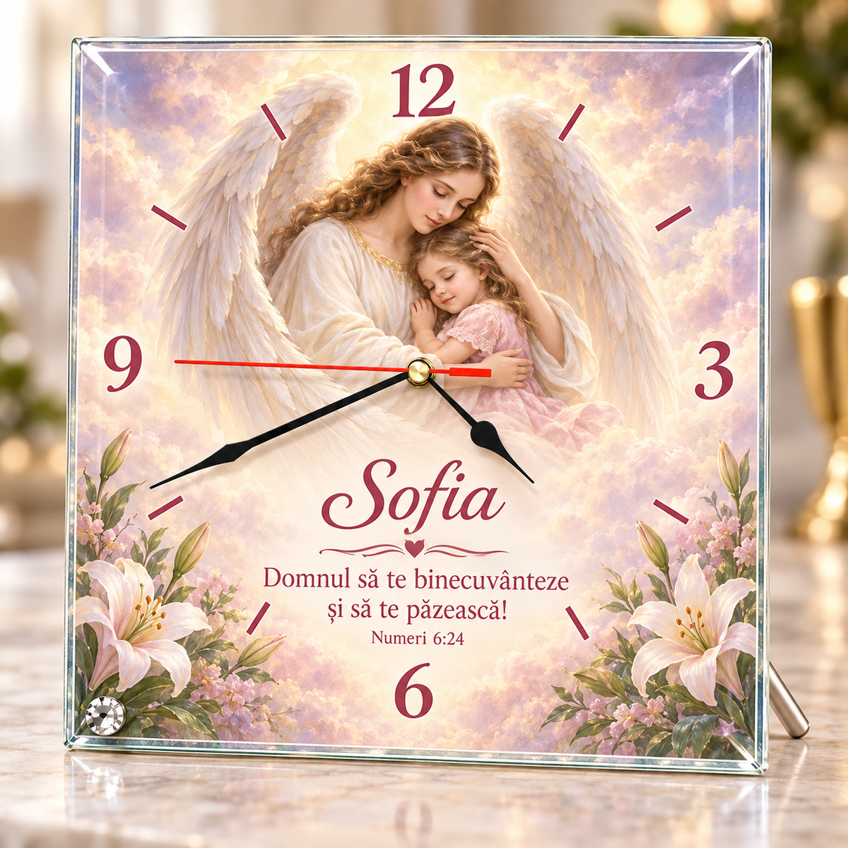 Ceas de Birou Personalizat din Sticlă 20x20 cm – Înger Păzitor, Nume și Binecuvântare | Numeri 6:24