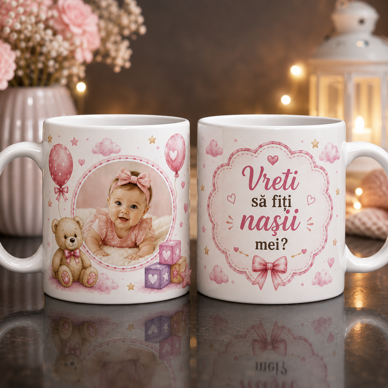 Cană Personalizată cu Poză – „Vreți să fiți Nașii Mei?” pentru Fetiță 💖