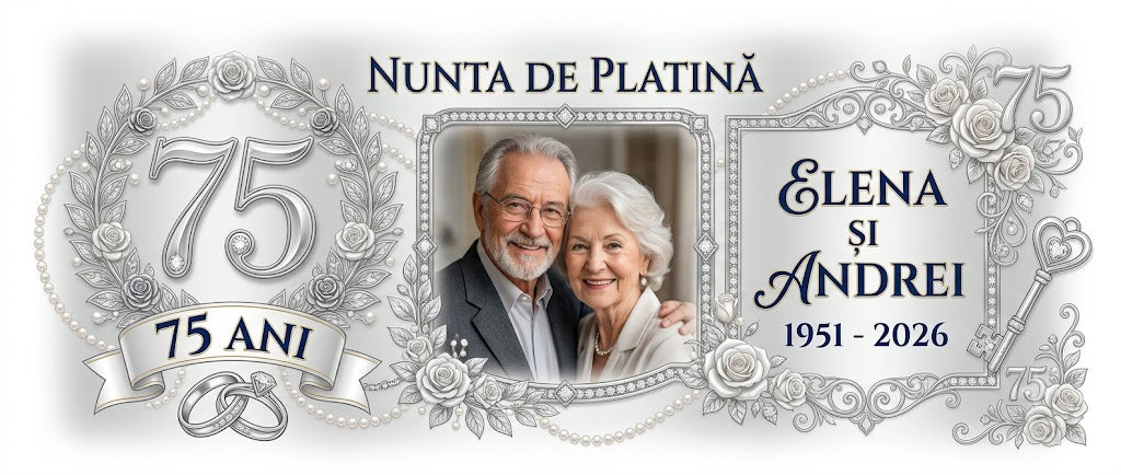 Cană personalizată Nuntă de Platină – 75 de ani de căsnicie | Cu poză, nume și ani personalizați